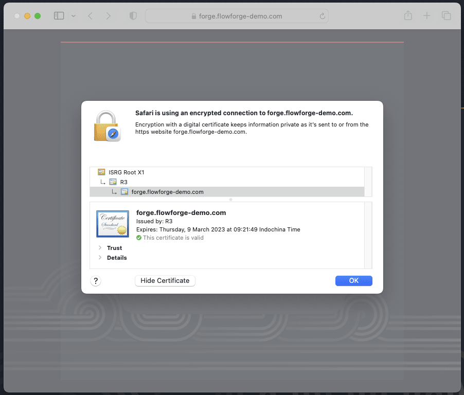 A screenshot from Safari web browser showing that the traffic to FlowFuse is encrypted A screenshot from Safari web browser showing that the traffic to FlowFuse is encrypted