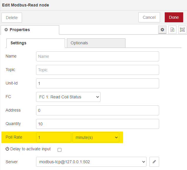 Modbus node configuration