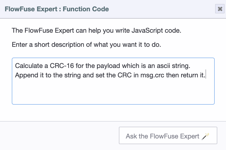 Screenshot showing the "FlowFuse Expert" dialog box
