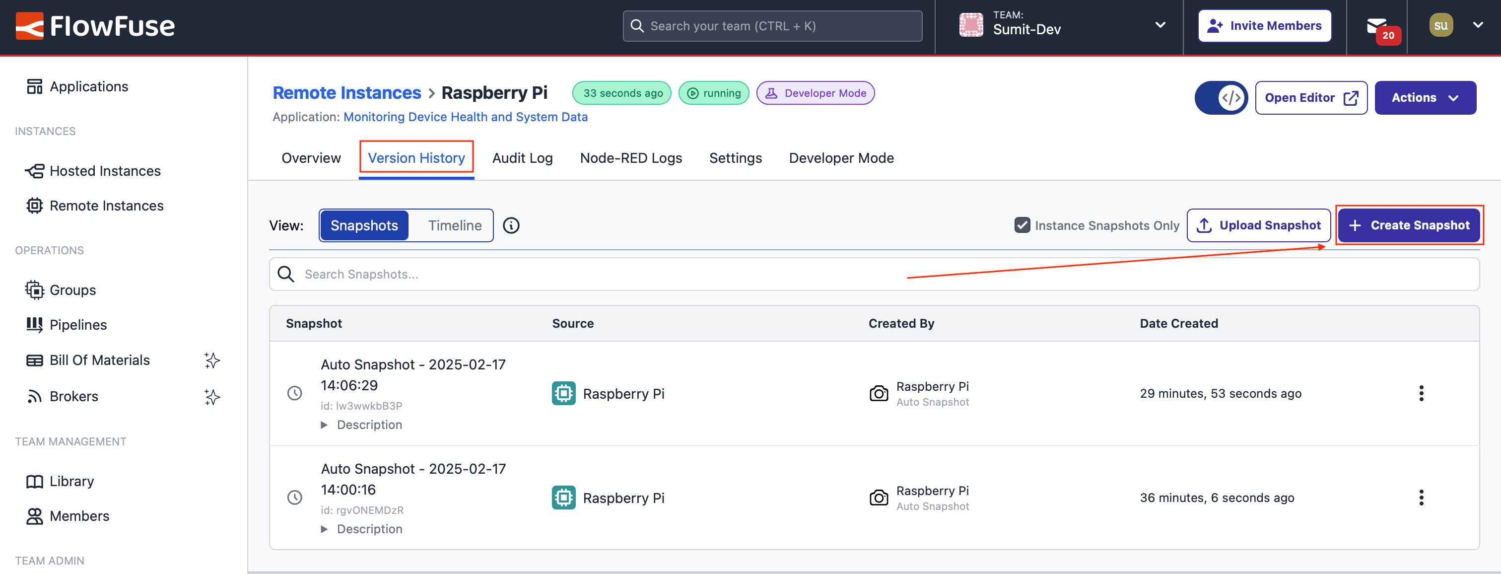 Showing the option to switch to "Version history" and the "Create Snapshot" button.